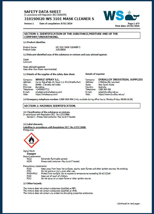 Whale Spray Safety Data Sheet